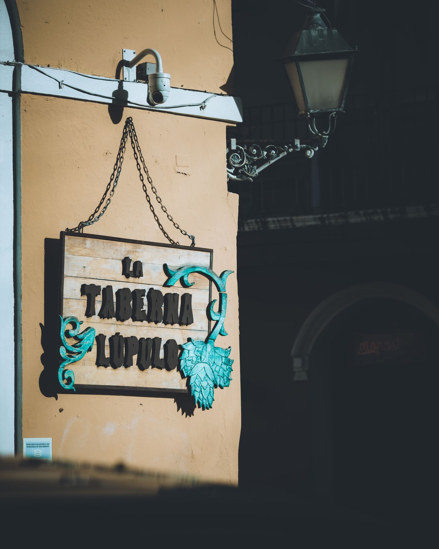 La fachada de La Taberna Lúpulo — el letrero tallado en la Calle San Sebastián